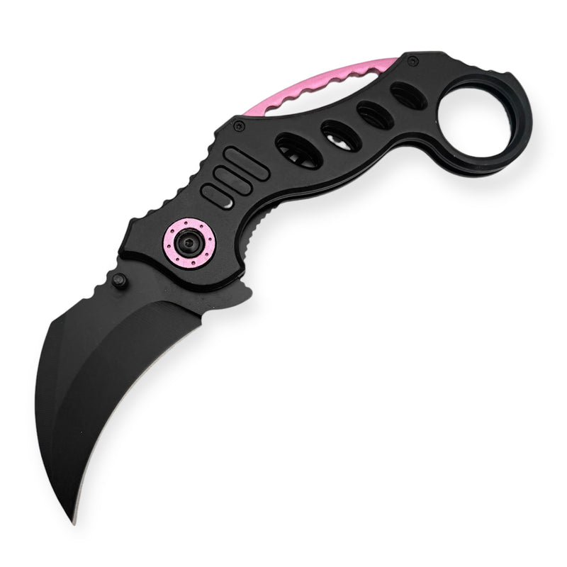 Tiger-USA Spring Assisted Karambit Knife - Black With Pink