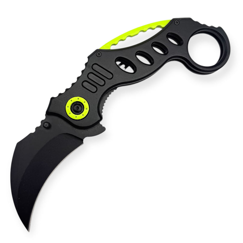 Tiger-USA Spring Assisted Karambit Knife - Black With Nean Green