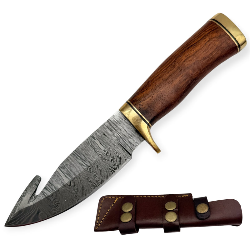 8.5 inch Red Deer® Damuscus Hunting Knife W. Leather Case Brown
