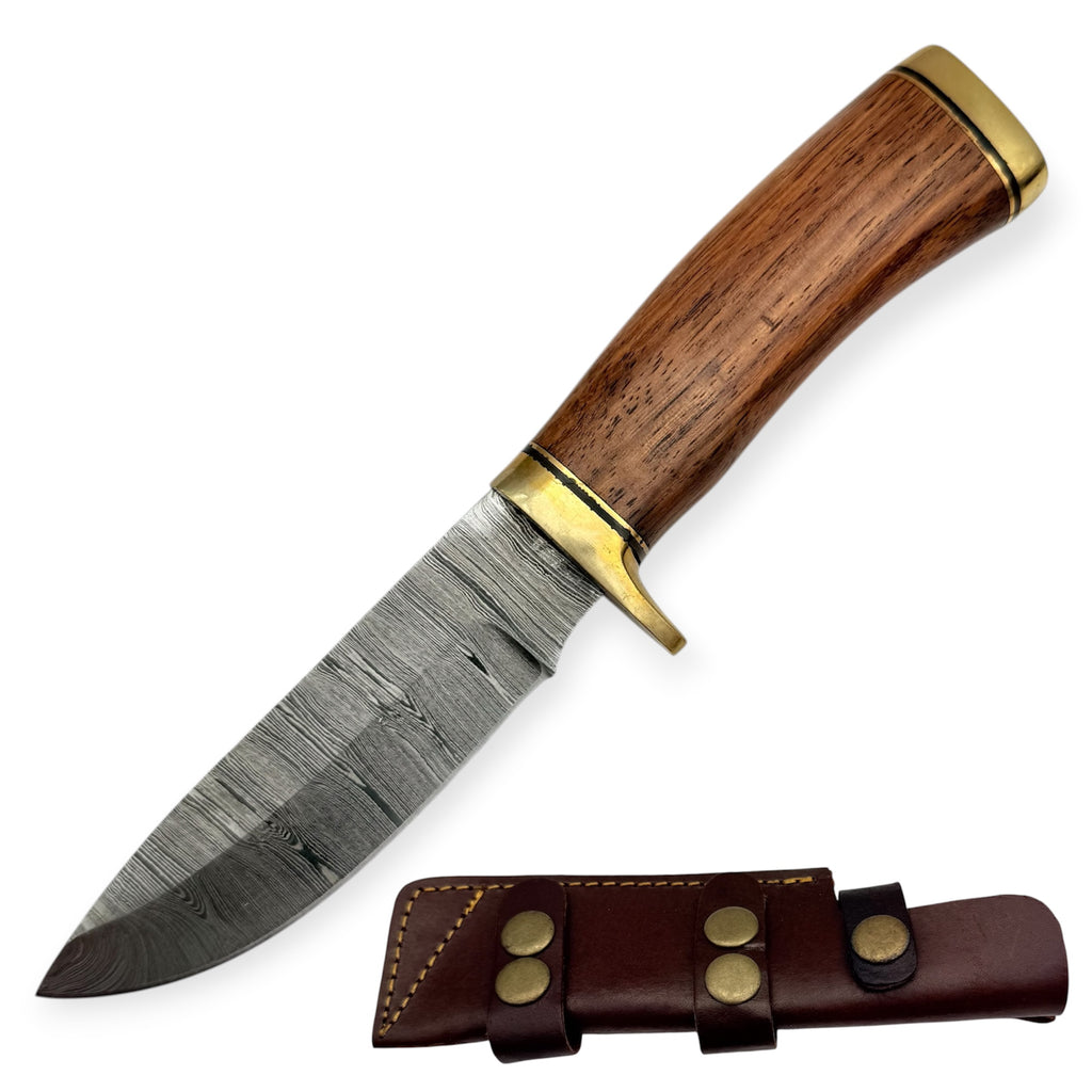 8.5 inch Red Deer® Damuscus Hunting Knife W. Leather Case Brown