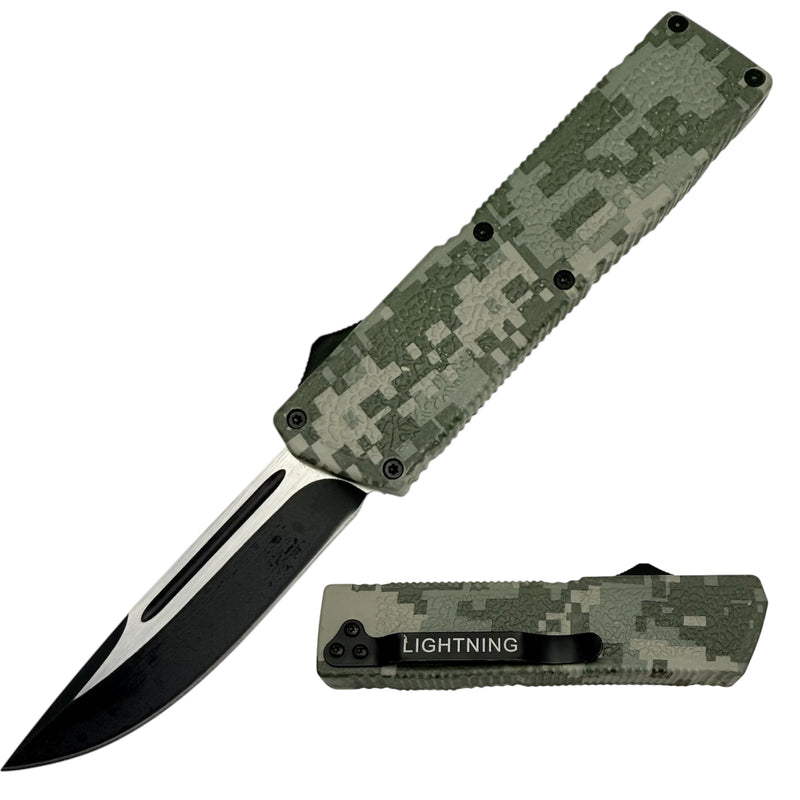 Lighting Action Assisted Knife Drop  Point Half Serrated Green Camo OTF