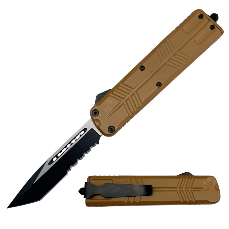 9.5 OTF Knife Tanto Blade Brown Butterfy Handle Style