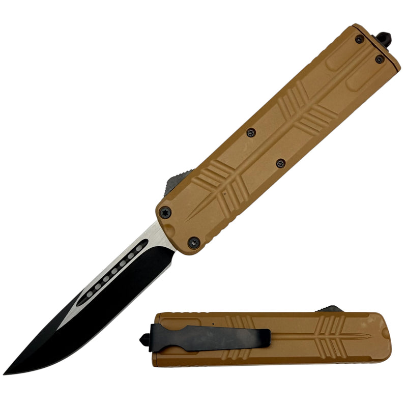 9.5 OTF Knife Drop Point Blade Brown Butterfy Handle Style