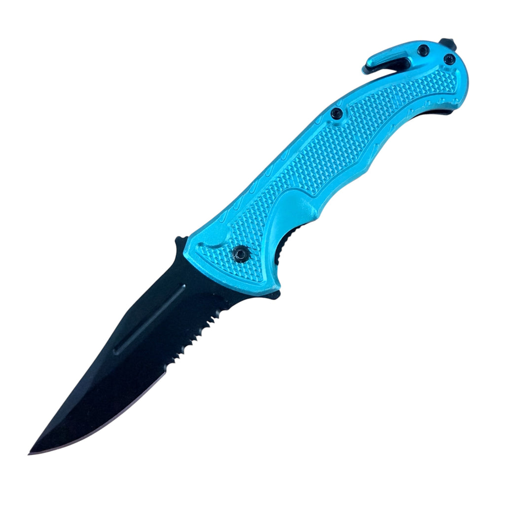 Tiger-USA® Spring Assisted Black Rescue Folding Knife Blue