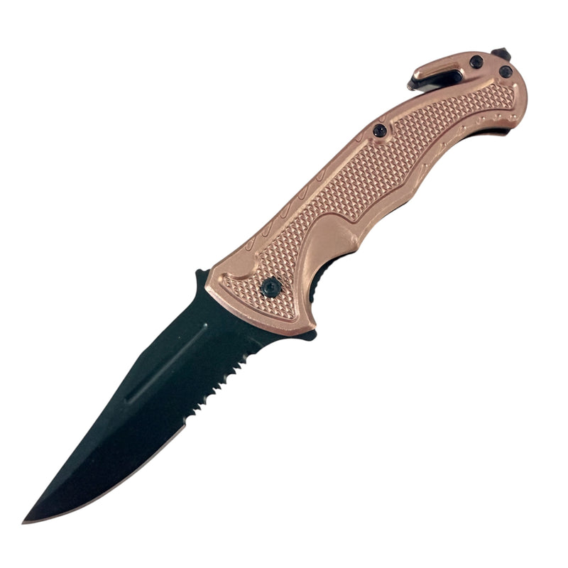 Tiger-USA® Spring Assisted Black Rescue Folding Knife Tan
