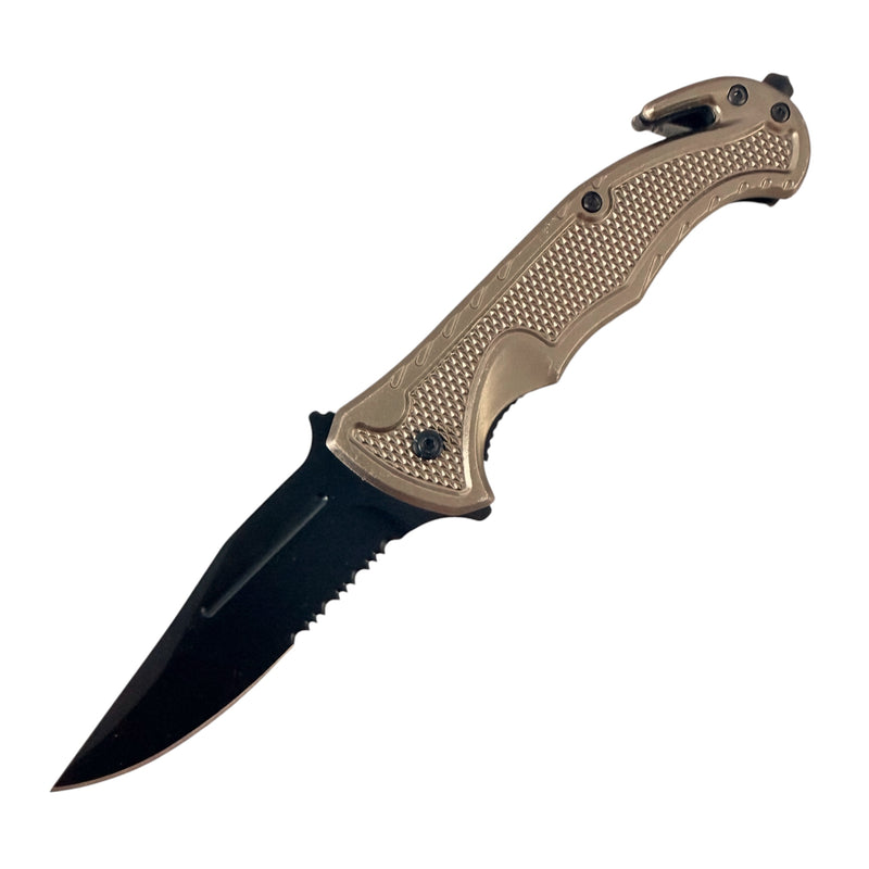 Tiger-USA® Spring Assisted Black Rescue Folding Knife Green