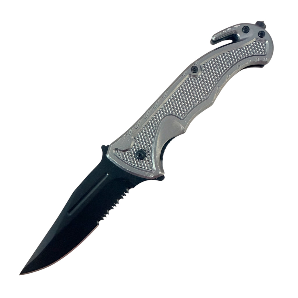 Tiger-USA® Spring Assisted Black Rescue Folding Knife Grey