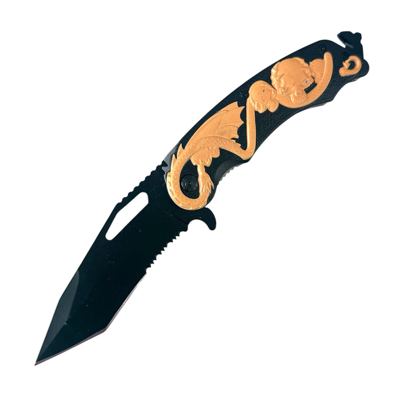 8.5 Inch Tiger USA Spring Assisted Knife Tanto Yellow Skull