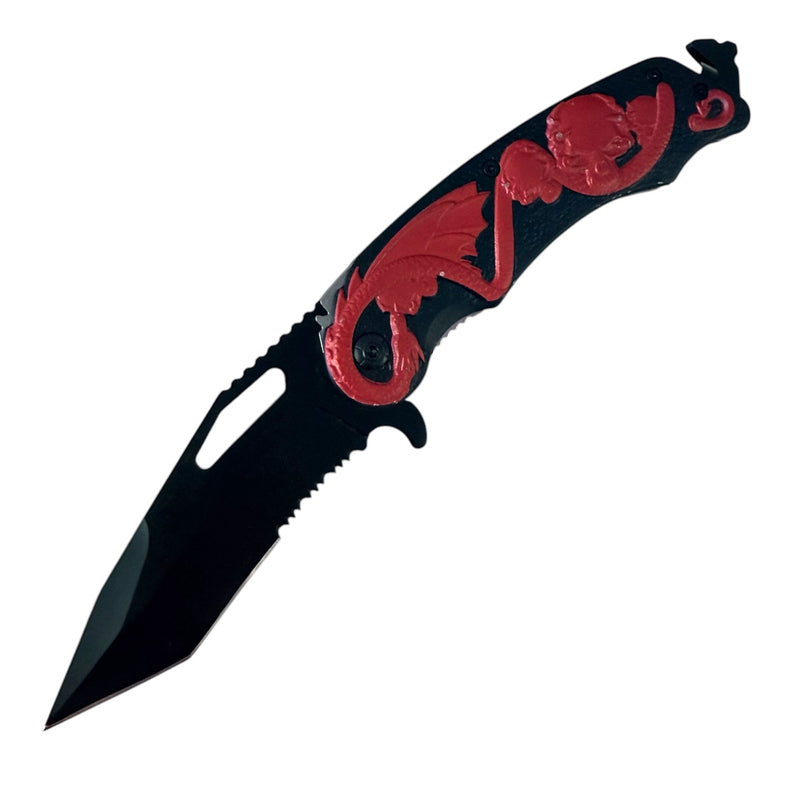 8.5 Inch Tiger USA Spring Assisted Knife Tanto Red Skull
