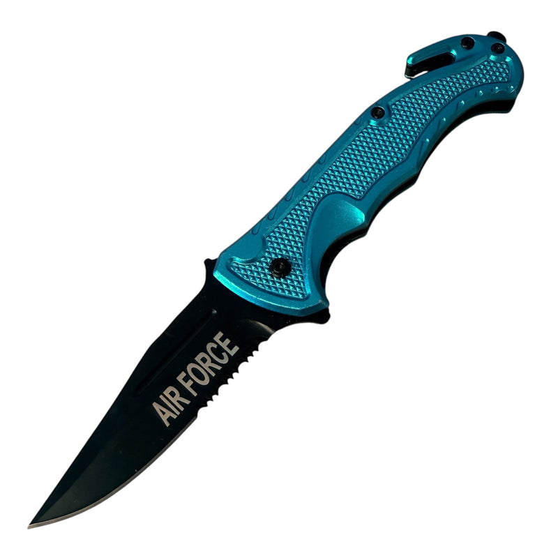 Tiger-USA® Spring Assisted Black Rescue Folding Knife Blue Air Force