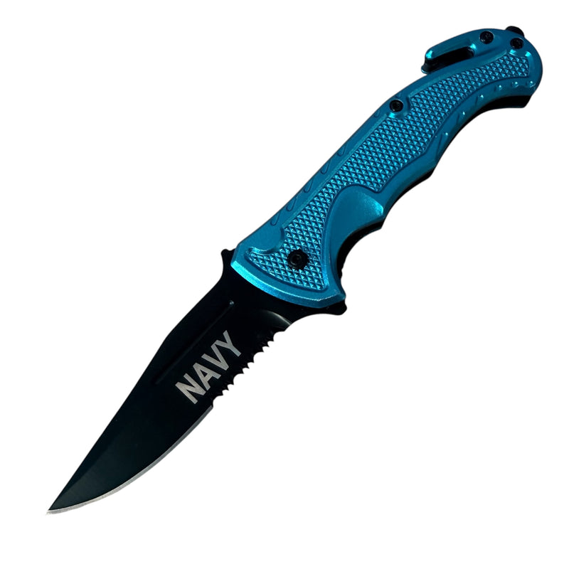 Tiger-USA® Spring Assisted Black Rescue Folding Knife Blue Navy
