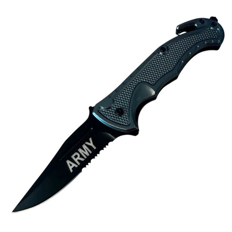 Tiger-USA® Spring Assisted Black Rescue Folding Knife Grey Army