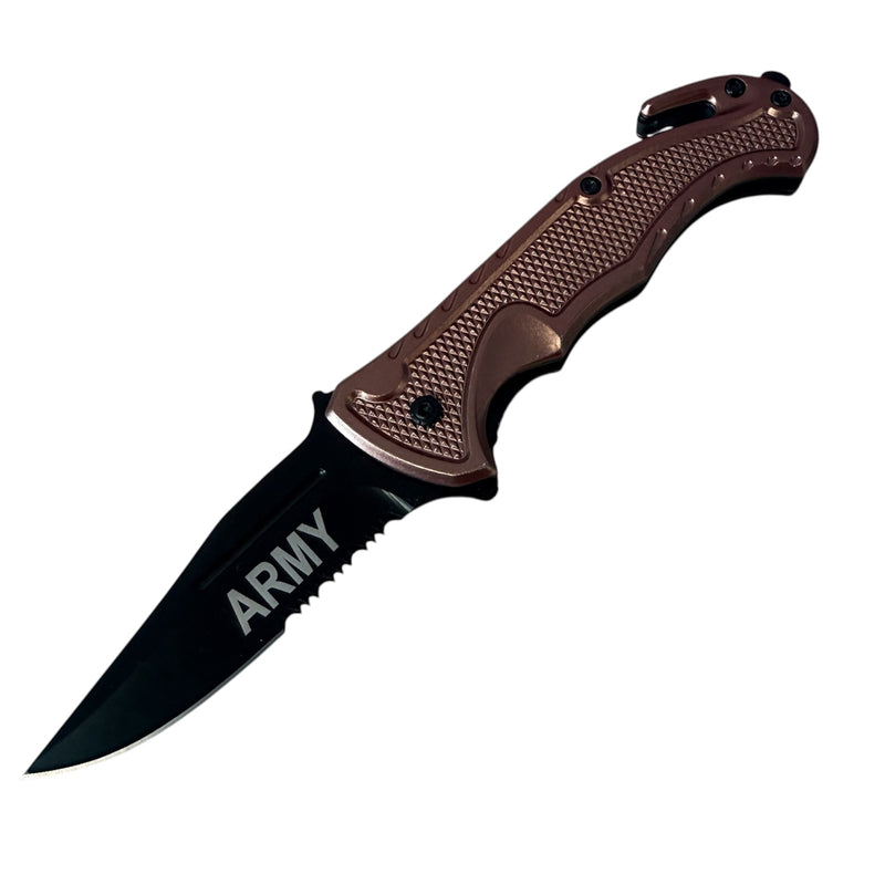 Tiger-USA® Spring Assisted Black Rescue Folding Knife Tan Army