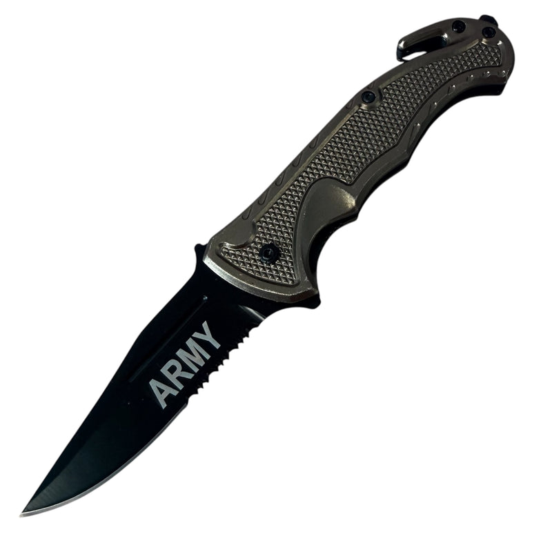Tiger-USA® Spring Assisted Black Rescue Folding Knife Green Army