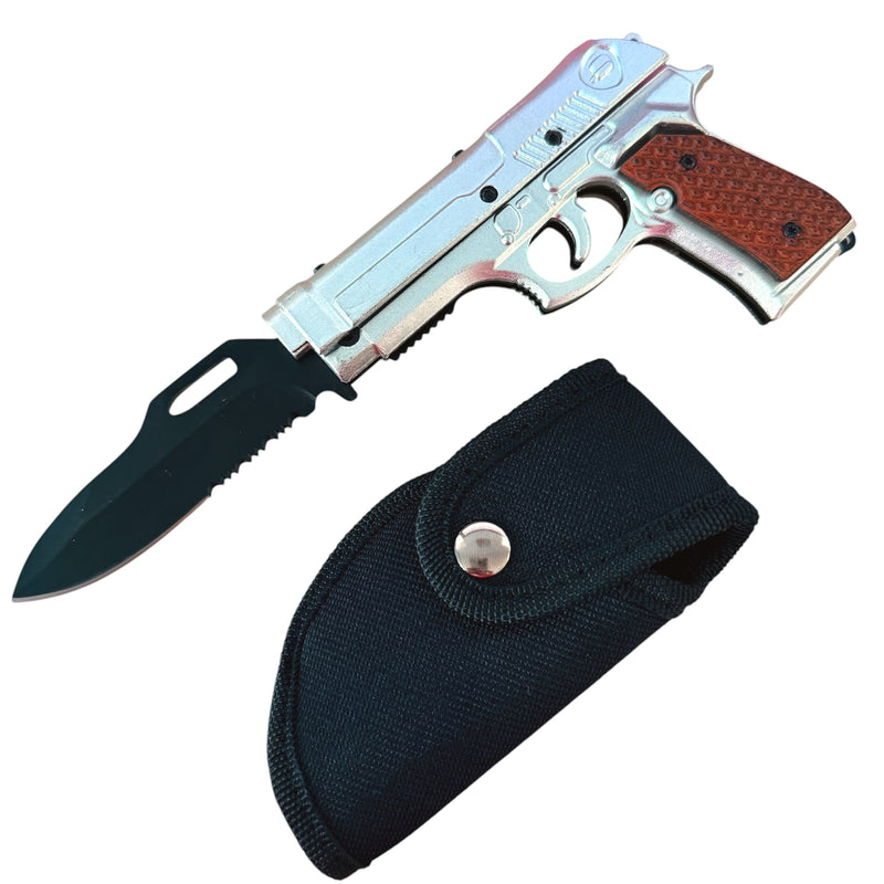 Tiger-USA Lock, Stock and Cock Back Pistol Spring Assisted Knife Silver