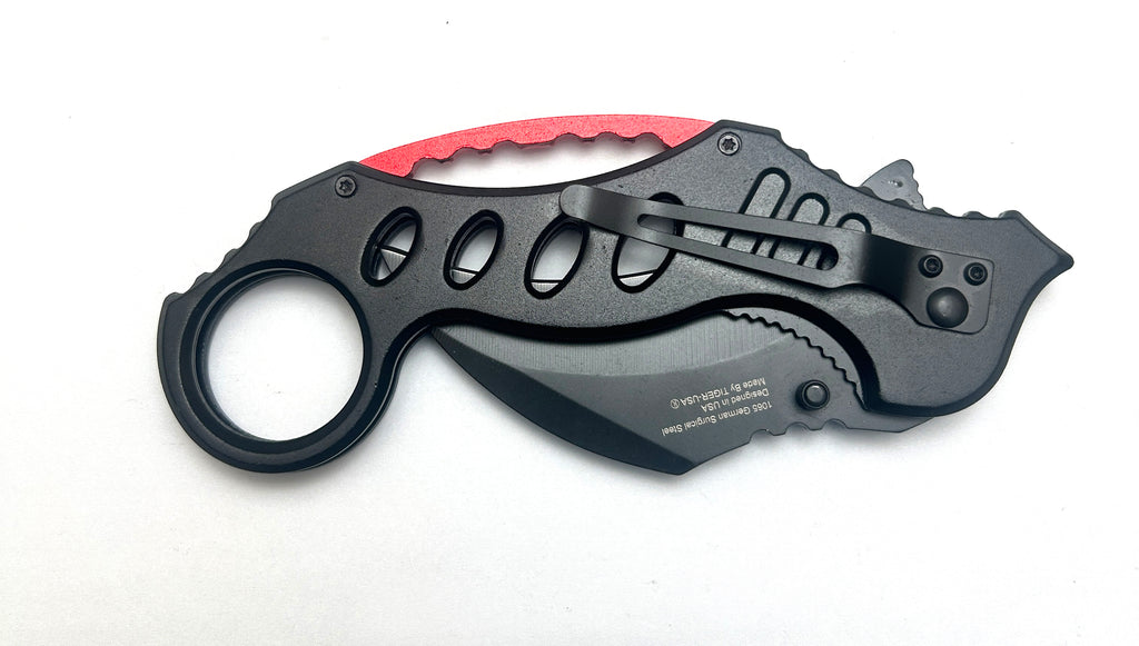 Tiger-USA Spring Assisted  Karambit Knife - Black With Red