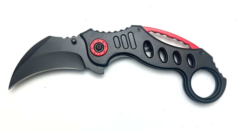 Tiger-USA Spring Assisted  Karambit Knife - Black With Red