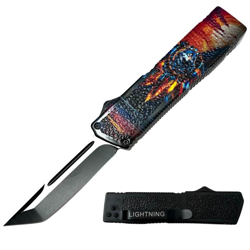Lighting OTF Knife Tanto Half Wolf Dream Catcher