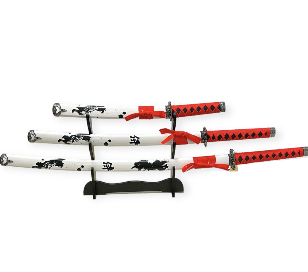 Decorative 3PC  Sword Set W stand white   Red Handle