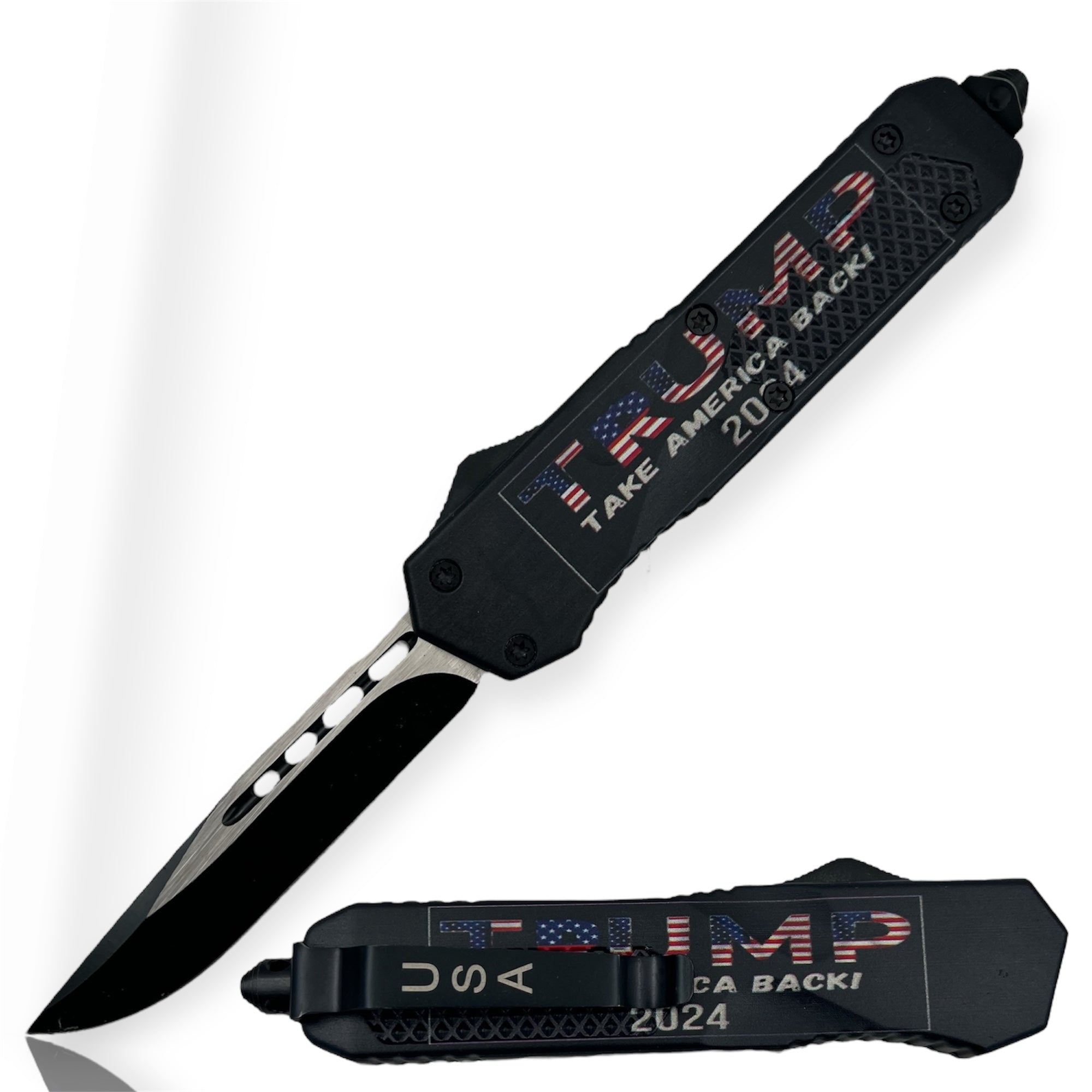 トランポリン大統領 OTF Automatic Knife Trump 2024 Black Handle Drop Point