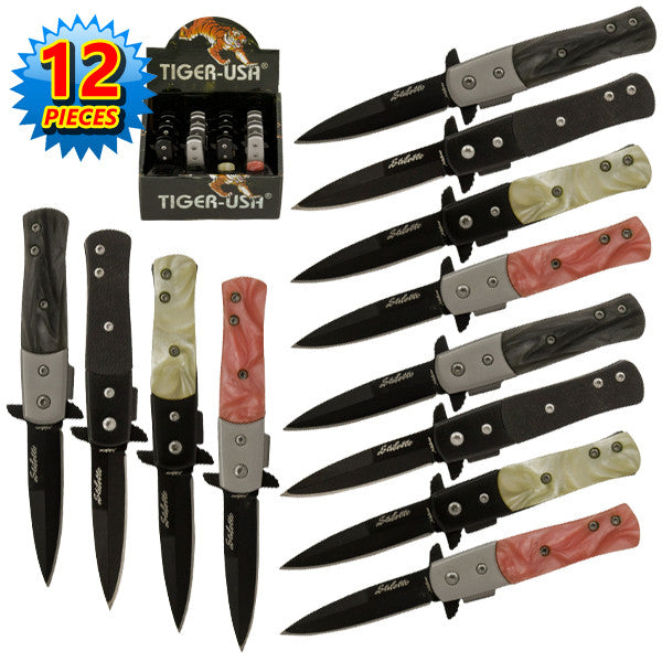 12 PC Dozen Stiletto Knife Style Tiger-USA Display Set, , Panther Trading Company- Panther Wholesale