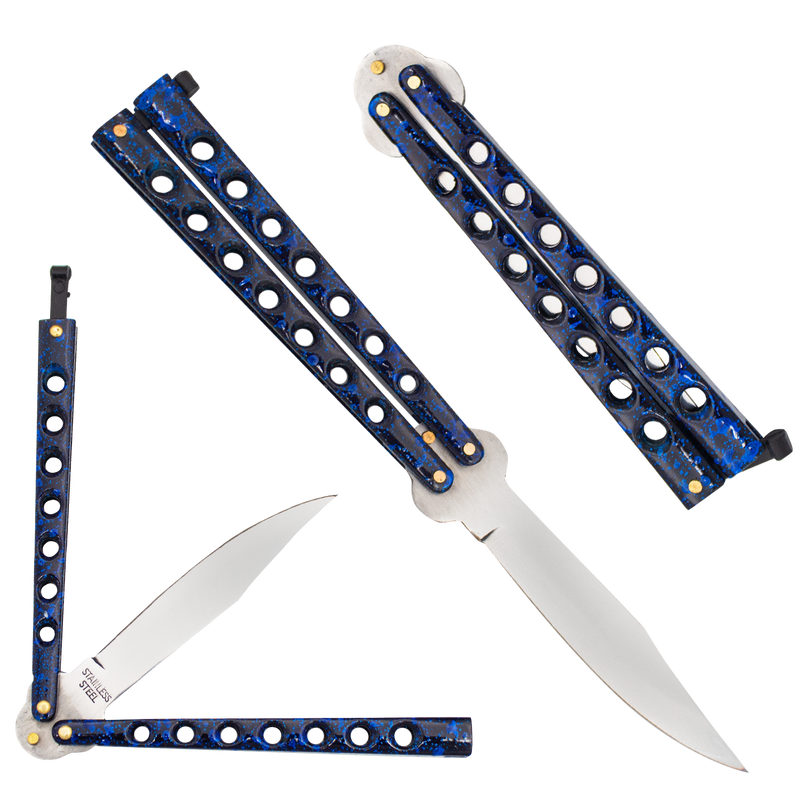 Blue Bokeh Paint Splatter Drop Point Dual Flip side folding knife