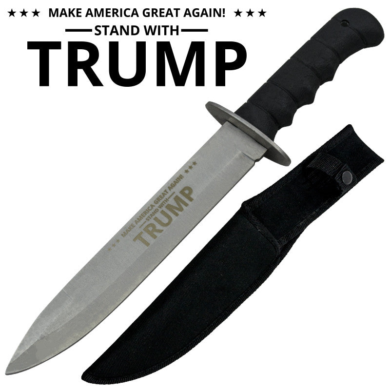 Stand With Trump Military Knife W/ Free Sheath - Black/Silver, , Panther Trading Company- Panther Wholesale