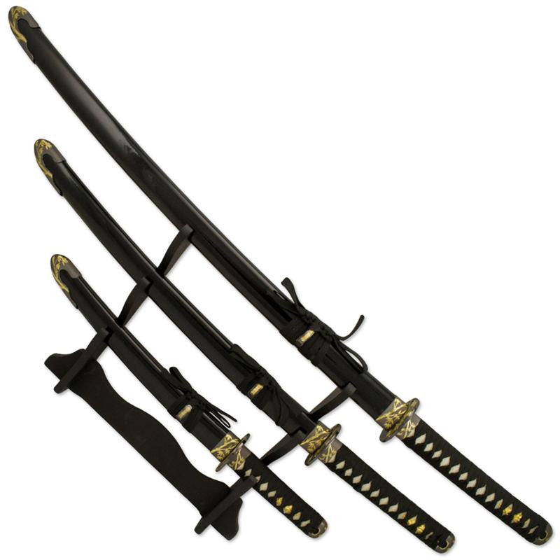 3 PC Flash Gold and Black Katana Sword Set, , Panther Trading Company- Panther Wholesale