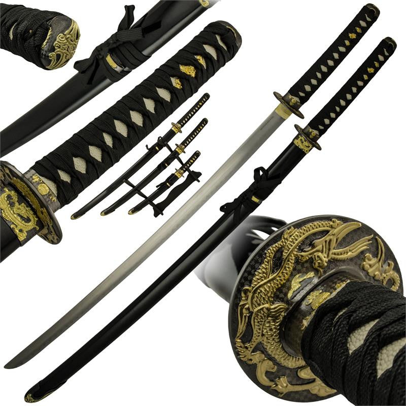 3 PC Atlantis Gold and Black Katana Sword Set, , Panther Trading Company- Panther Wholesale