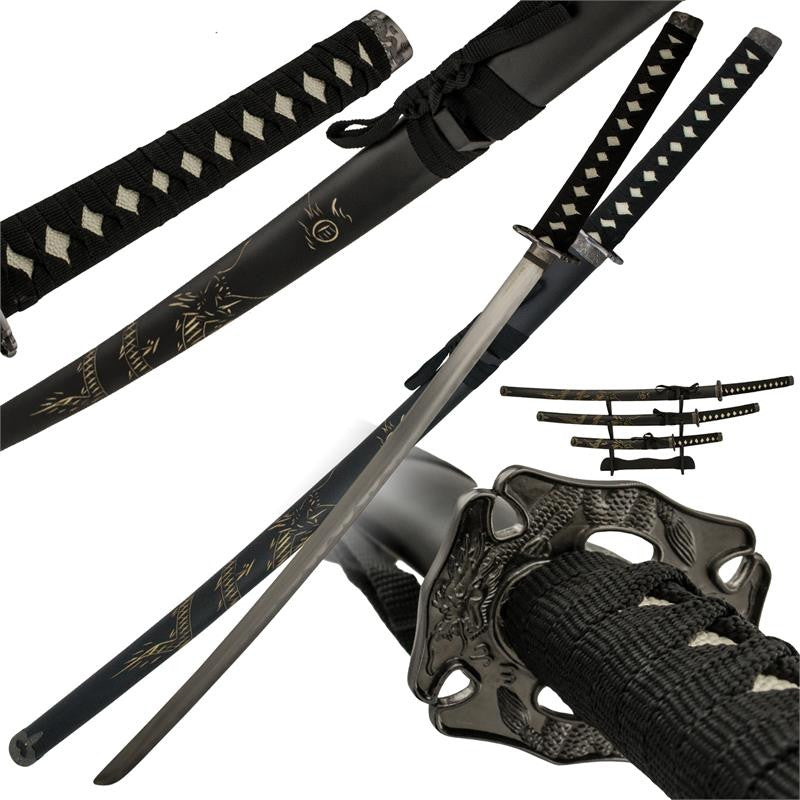 3 PC Black Drag Samurai Katana Sword Set, , Panther Trading Company- Panther Wholesale