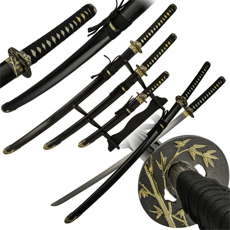 3 PC Flash Gold and Black Katana Sword Set, , Panther Trading Company- Panther Wholesale