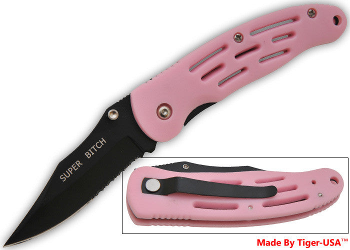 7 Inch Medium Police Tech Cut Out Knife - Pink (Super Bitch), , Panther Trading Company- Panther Wholesale