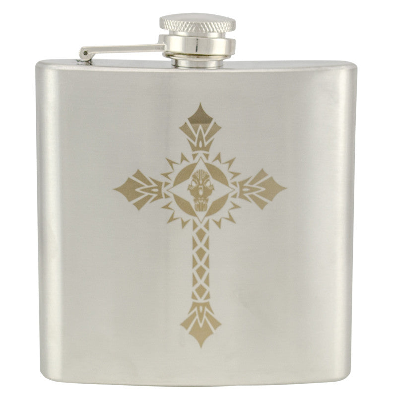 6 oz Stainless Steel Hip Flask - Cross 2, , Panther Trading Company- Panther Wholesale