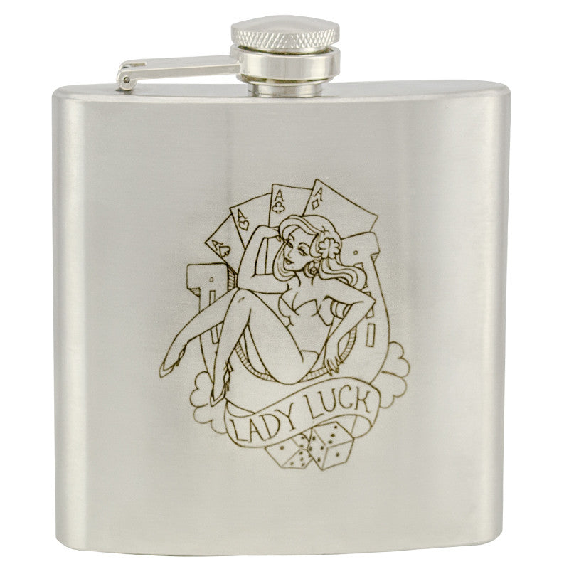 6 oz Stainless Steel Hip Flask - Lady Luck, , Panther Trading Company- Panther Wholesale