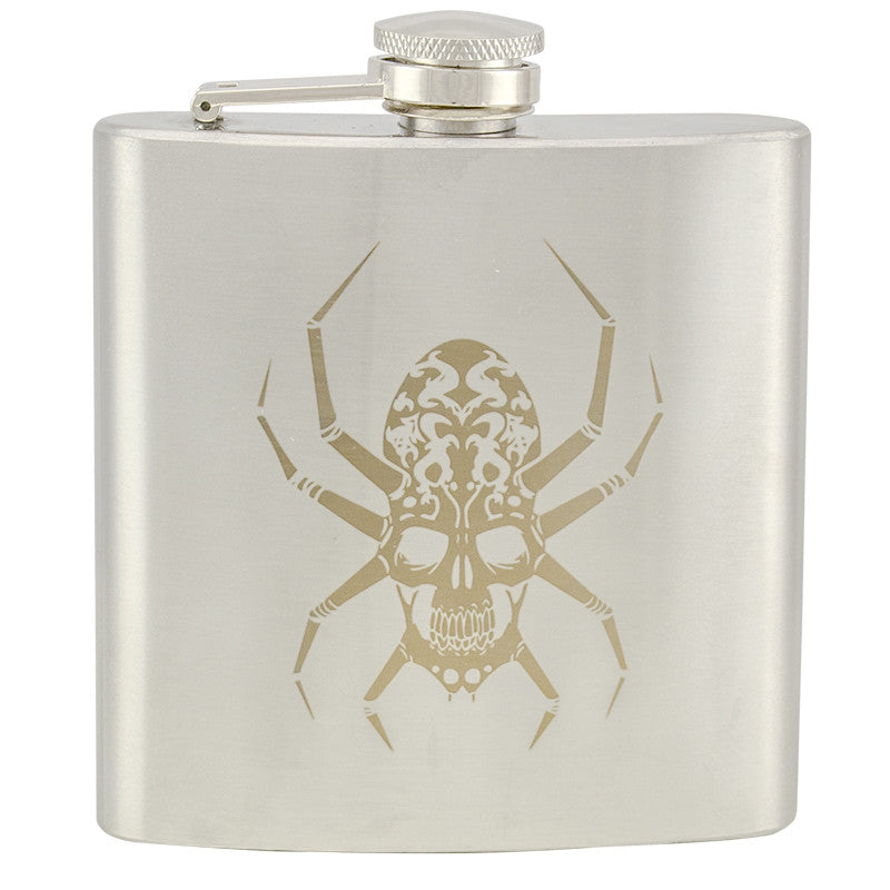 6 oz Stainless Steel Hip Flask - Spider Skull, , Panther Trading Company- Panther Wholesale