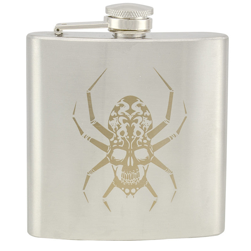 6 oz Stainless Steel Hip Flask - Spider Skull, , Panther Trading Company- Panther Wholesale