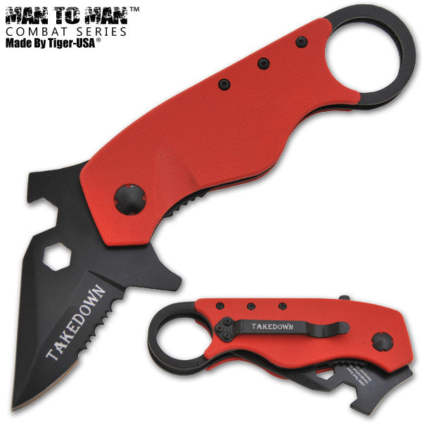 Man Kombat Takedown Tech Trigger Action Knives - Red, , Panther Trading Company- Panther Wholesale