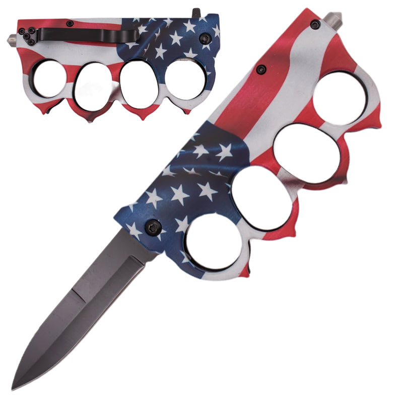 Waving America Flag Spring Assisted Trench Knife