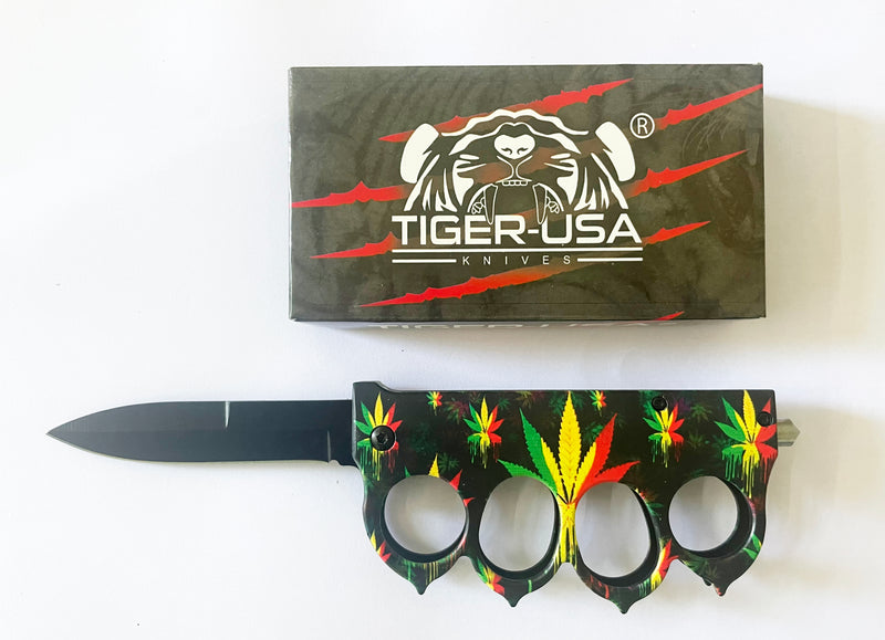 Black Tropical Leaves Knuckle Knife w clip - TIGER USA