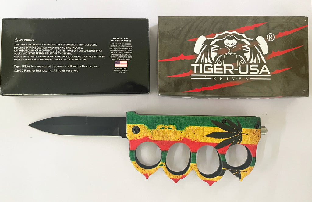 Tropical Leaves Knuckle Knife w clip - TIGER USA