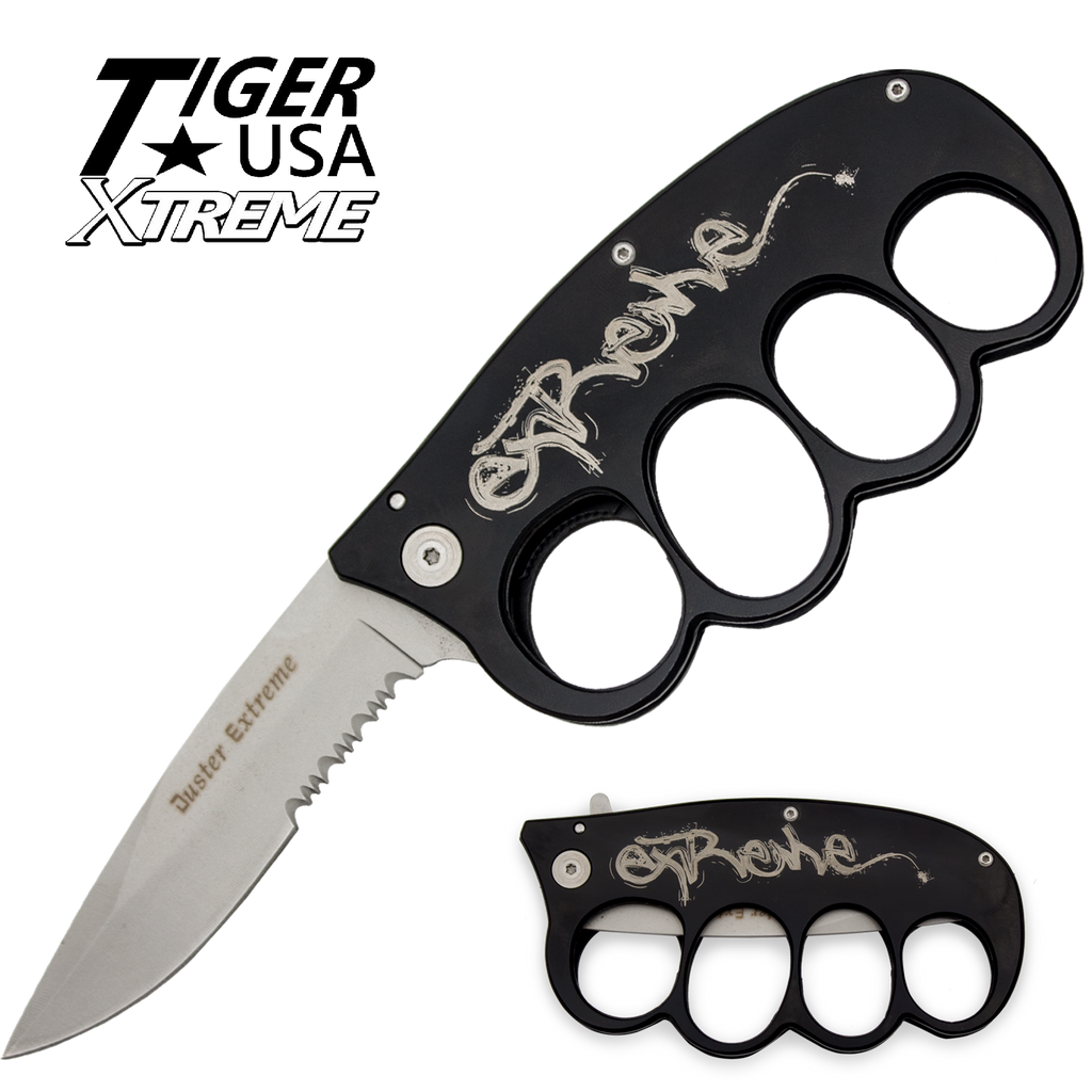 Duster Extreme Trigger Action Folder - Silver/Black - Extreme Engraving, , Panther Trading Company- Panther Wholesale
