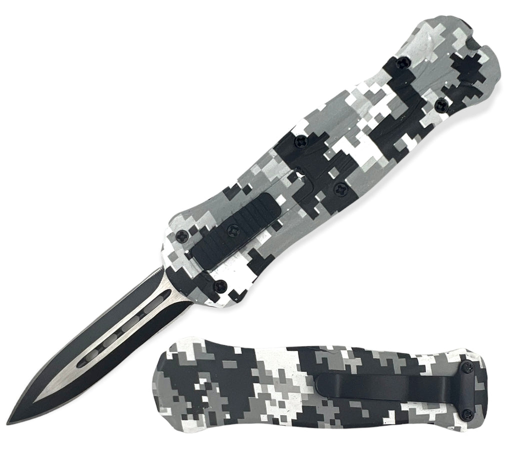 Miniature OTF Automatic Knife - BLACK AND WHITE CAMO