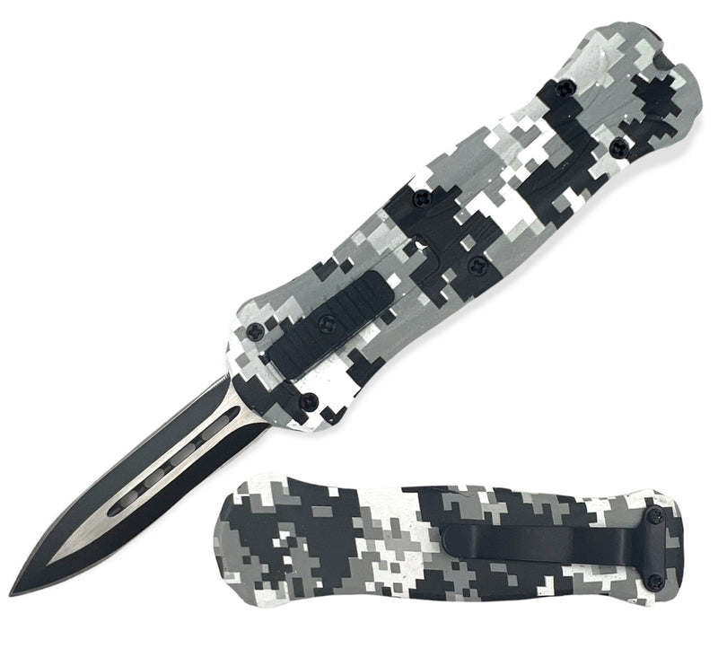 Miniature OTF Automatic Knife - BLACK AND WHITE CAMO