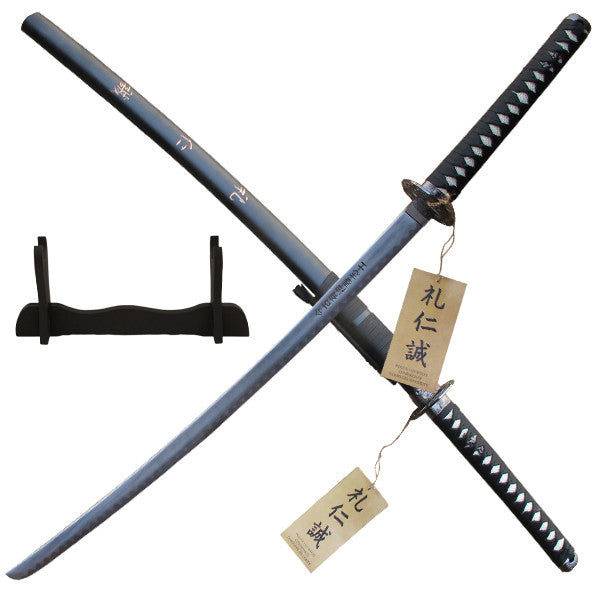 Black and Silver Katana Sword with Japanese Writing Scabbard