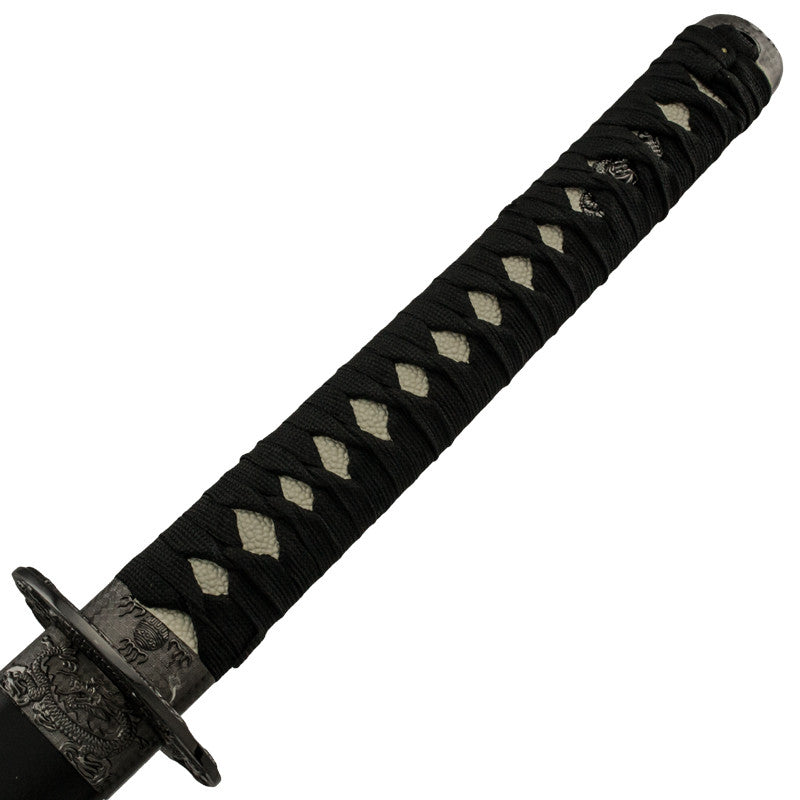 Black and Silver Katana Sword with Japanese Writing Scabbard