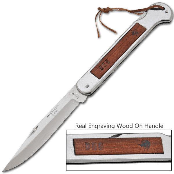 Navajo Steel Manual Folding Knife W/ Engravable Wood Handle, , Panther Trading Company- Panther Wholesale