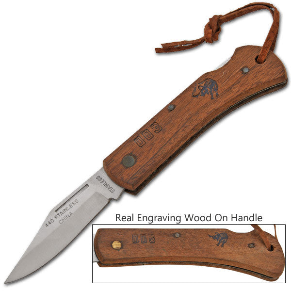 Navajo Steel Manual Folding Knife W/ Engravable Wood Handle, , Panther Trading Company- Panther Wholesale