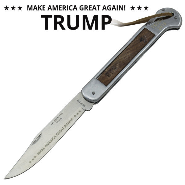 Make America Great Again!TRUMP Steel Manual Folding Knife W/ Engravable Wood Handle, , Panther Trading Company- Panther Wholesale