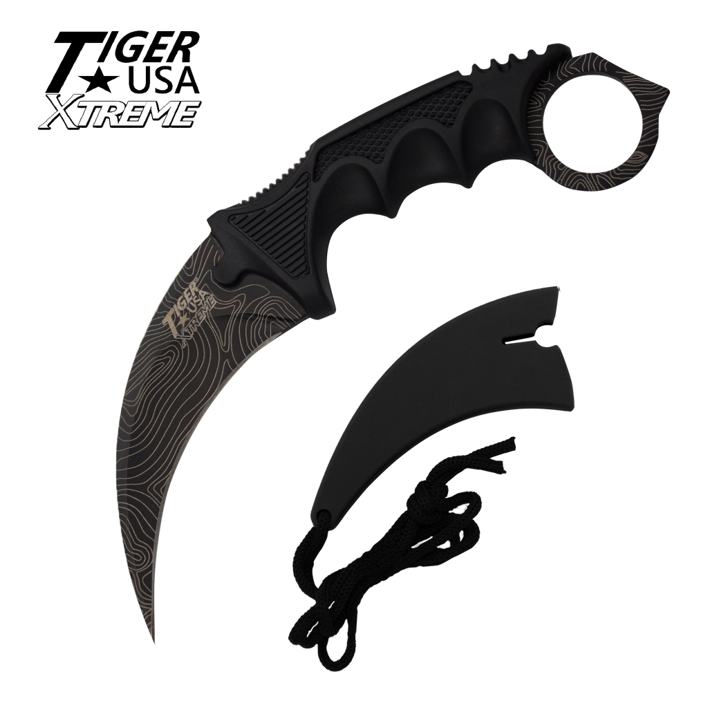 Karambit Ranger- Black Damascus Fixed Blade Black Neck Knife with Sheath, , Panther Trading Company- Panther Wholesale