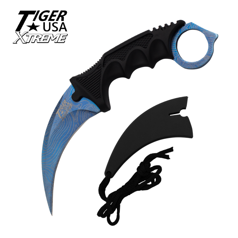 Karambit Ranger- Blue Damascus Fixed Blade Karambit Neck Knife with Sheath, , Panther Trading Company- Panther Wholesale